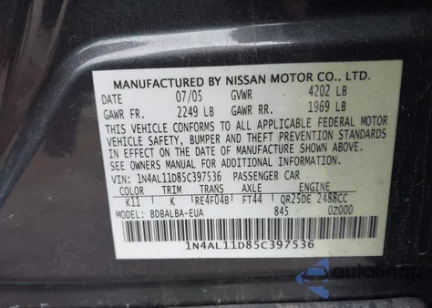 2005 Nissan Altima 2.5 S z USA, uszkodzony, nr VIN 1N4AL11D85C397536